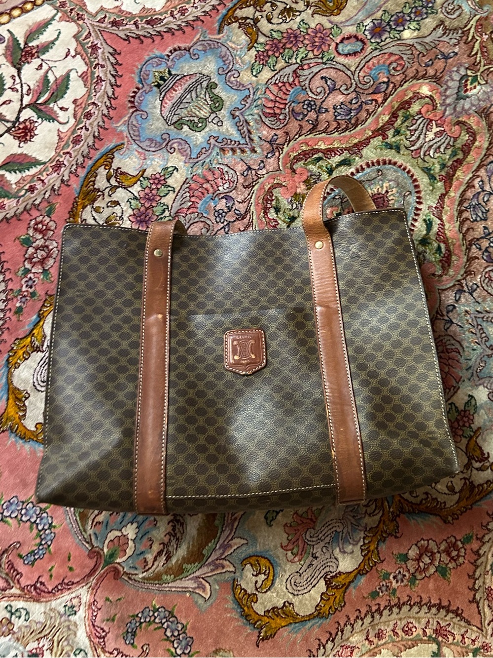 Celine Brown Macadam PVC Canvas Leather Tote Bag With Gold Hardware